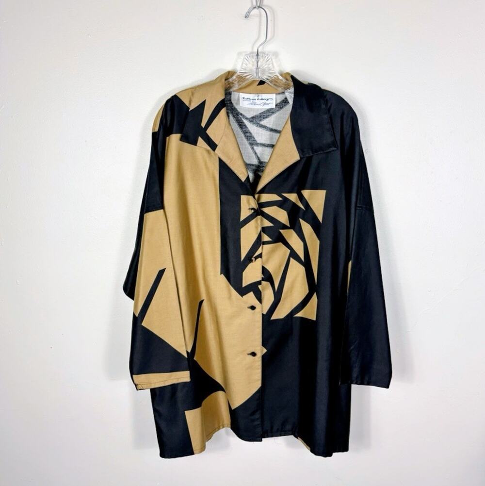 Catherine Ogust Tunic Shirt Women’s 2 Black Beige Penthouse Gallery Art Deco Vtg